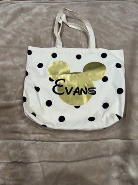 Evans White Canvas Tote with Gold Graphic and Black Polka Dots